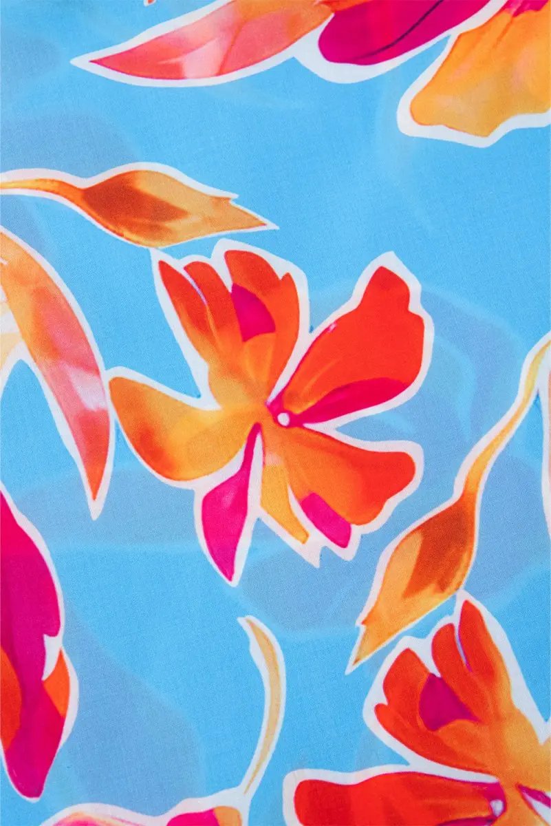 Sky Blue Floral Print V Neck Pompom Trim Flutter Sleeve Blouse - Love Salve